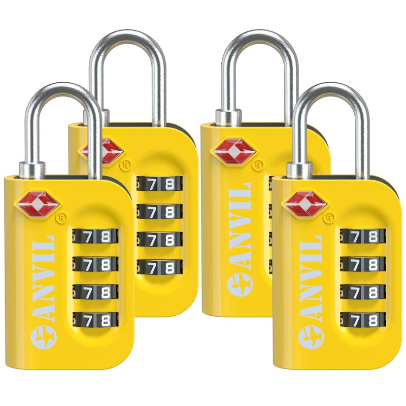 ANVIL TSA Approved Luggage Lock - 4 Digit Combination, 10,000 Combinations, Easy-Read Password Window, Travel Lock for Suitcases, Backpacks, Gym & Student Lockers, Baggagee (Yellow 4 Pack) - Image 1